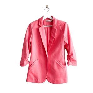 Ricki's Womens Knit Blazer 3/4 Ruched Sleeve Button Notch Lapel Pink Small
